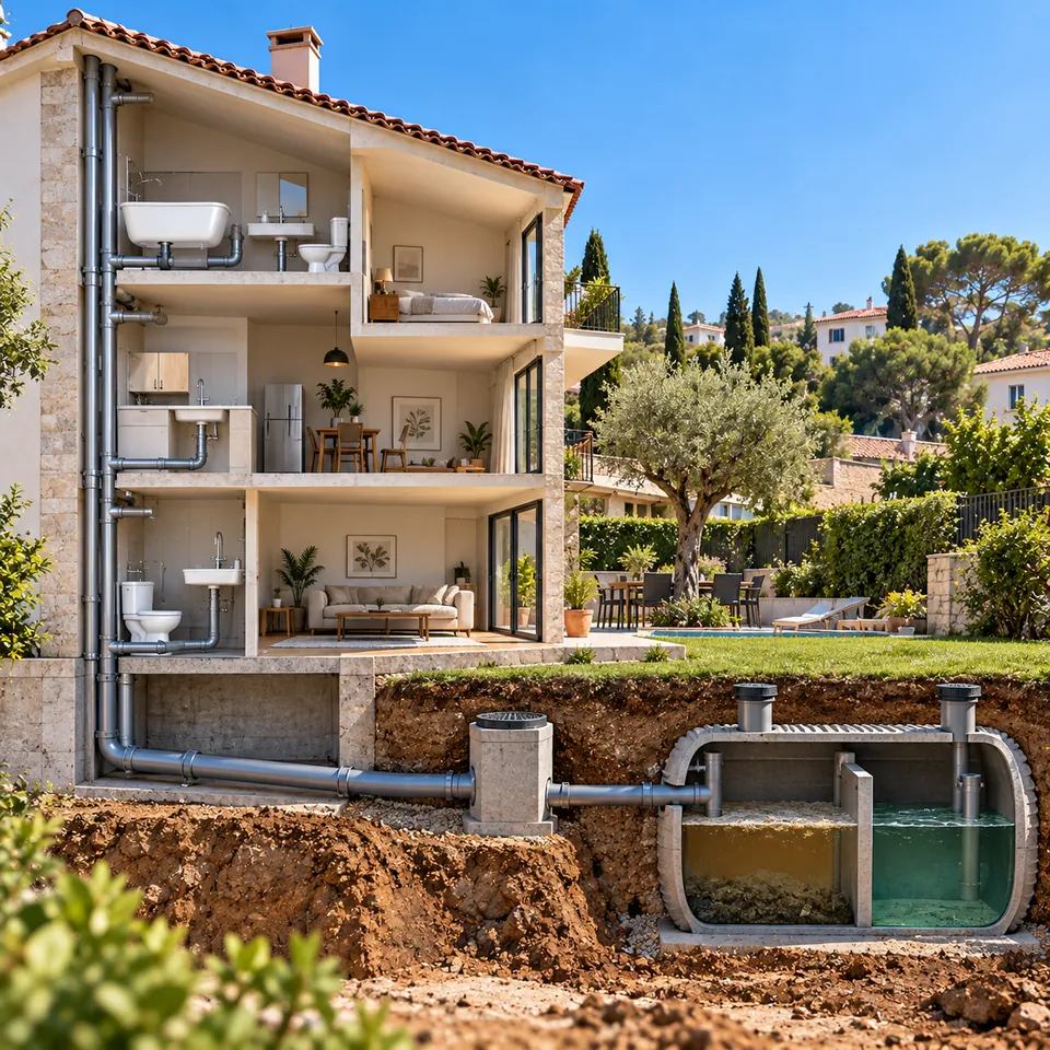 Esquema en corte de una casa unifamiliar: desagües, salida, arqueta y fosa séptica