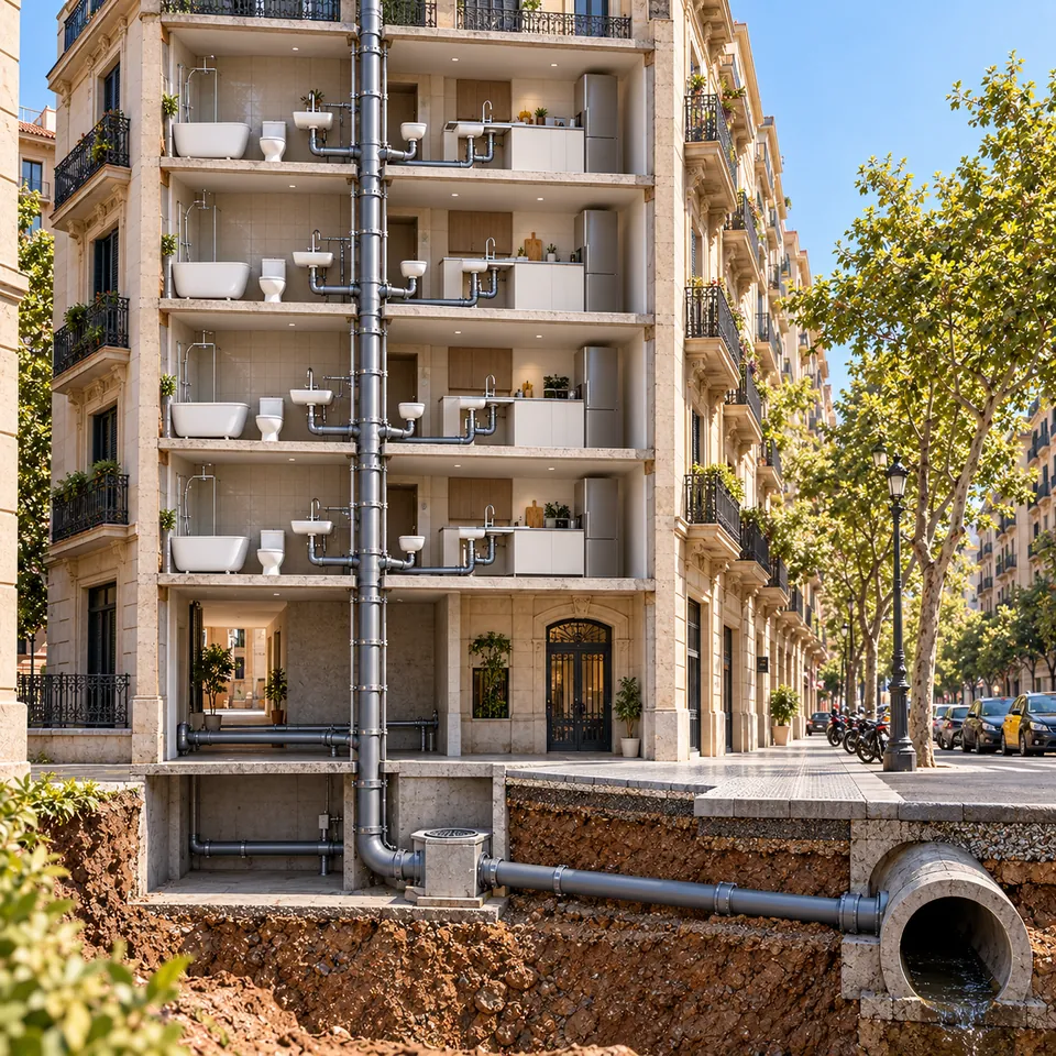 Esquema en corte de un edificio: desagüe de la vivienda, bajante, arqueta, albañal y alcantarillado municipal
